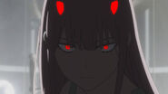 When her limiter headband is knocked off, Zero Two's (Darling in the Franxx) more inhuman traits surface, causing her eyes and horns to glow.