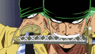 Roronoa Zoro (One Piece) focusing his willpower with his Kiki Kyutoryu: Asura technique.