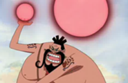 Don Accino (One Piece) launching large bullets of heat energy.