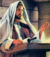 Jesus Christ (Christianity), the only begotten son of God, gives a sermon in a temple.