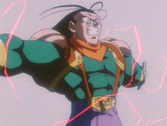 Super 17 (Dragon Ball GT) greatly bulks up while absorbing energy attacks but returns to his normal state by compacting his muscle mass into usable ki.