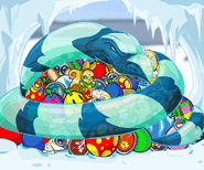 Snowager (Neopets) sleeping on a bunch of toys.