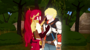 Pyrrha Nikos (RWBY) activates Jaune Arc's ability to use Aura.