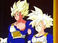 Sons Goku and Gohan (Dragon Ball series) in the Full Power Super Saiyan form, the completely mastered variation of the base Super Saiyan form.