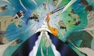 Inazuma (One Piece) using his devil fruit abilities to make scissor arms.