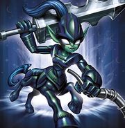 Knight Mare (Skylanders) can use her Traptanium Flamberge to trap enemies and infuse it with dark in order to increase its damage output.