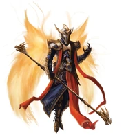 Avanostryx (Pathfinder) makes use of holy fire in their role as the Empyrean Paragon of Apsu, including a perpetual aura of it around them.
