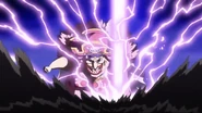 Charlotte Linlin/Big Mom (One Piece) performs a palm strike enhanced by Zeus's lightning.