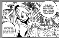 Anna Heartfilia (Fairy Tail) knitting a magic muffler out of Igneel's scales for Natsu.
