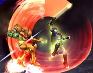 Ike's (Super Smash Bros. Brawl) Final Smash, Great Aether, where he begins a barrage of slashes with his sword.