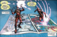 Deadpool (Marvel Comics) using the Continuity Gem to influence the fourth wall, allowing him to not only directly communicate with Marvel Comics writers and editors, but to move around the actual comic book and change it at will.