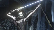 Having assimilated Dark Sun Gwendolin, Aldrich, Devourer of Gods (Dark Souls III) is able to utilize his Darkmoon Longbow to rain a flurry of light-arrows in combat.