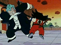 Son Goku (Dragon Ball) kicking Jackie Chun so hard that he sent the old man flying through the air...