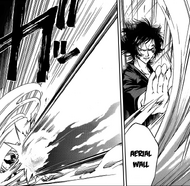 Kōji (Code:Breaker) forming his "Aerial Wall", strong and sturdy enough to block off Toki's Gauss Cannon.