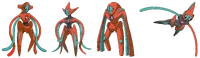 Deoxys' (Pokémon) different forms, from left to right: Normal, Attack, Defense, and Speed.