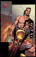 Without giving to his inner rage, Daken (Marvel Comics) slashes Wolverine throat with near super speed.