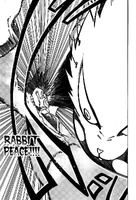 Rabbit Peace.jpg (179 KB) Shiina (Oumagadoki Zoo) performing his signature move "Rabbit Peace", a powerful punch with a peace sign.