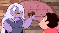 Amethyst Eating.png (946 KB) As a Gem, Amethyst (left) (Steven Universe) can eat anything without consequence.