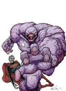 Parasite (DC Comics) can sponge off the power & vitality of anyone he's in close personal contact with. Enabling him to enlarge in size as well as stock up on power.