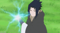 Sasuke Uchiha (Naruto) using his Chidori Senbon to fire a barrage of electrical needle bullets for piercing damage...