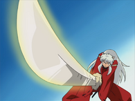 Inuyasha (InuYasha) wields the Tessaiga, a sword forged from his father’s fang. It possesses a barrier that prevents any demon other than Inuyasha from wielding it, can kill one hundred demons with the Wind Scar technique, redirect demonic energies with the Backlash Wave, and assimilate the primary ability of any yōkai or yōkai-based artifact and convert them into a cutting nature.
