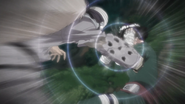 Dosu Kinuta (Naruto) using his Resonating Echo Drill to absorb sound waves into his gauntlet and manipulate and redirect it with his chakra.