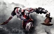 After he killed Aress, Kratos (God of War) was bestowed by the goddess Athena the Blades of Athena, chained blades capable of harming even the strongest of deities.