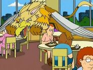 A griffin (Family Guy) flying through a rehab clinic.