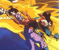 Son Goku (Dragon Ball GT) using his Dragon Fist to punch completely through his enemy's chest.