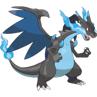 Charizard's (Pokémon) Mega Evolution as Mega Charizard X changes his orange fire to blue.