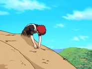 Gaara (Naruto) is forced to fall asleep when he activates his Play Possum Jutsu/Feigning Sleep Technique.