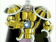 Don Krieg (One Piece) wears an indestructible armor that is equipped with a wide variety of weapons (guns, flamethrowers, bombs, etc.).