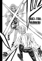 Using Muei-Tou: Yamikiri, Tsukune Aono (Rosario + Vampire) damages Gyokuro Shuzen's ribs and internal organs.