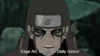 Naruto Hashirama Senju Sage Art Gate of the Great God.gif (2.95 MB) Hashirama Senju (Naruto) uses his Sage Art: Gate of the Great God to create multiple torii to trap the Ten-Tails.