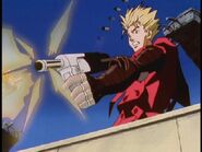 Vash the Stampede (Trigun) using the hidden gun within his cybernetic left arm.