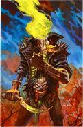 Evil Ernie (Chaos!/Dynamite Comics) is a necrotized demigod with the ability to bring his thoughts to life and siphon the powers of godlike entities into himself.