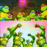 The Turtles (Mutant Turtles: Superman Legends) using the MutaStones to transform into "SuperMutants."