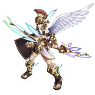 Pit (Kid Icarus) armed with the Three Sacred Treasures: The Mirror Shield, the Arrows of Light, and the Wings of Pegasus.