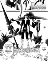 Darkray (Kurohime) wielding his six Death Angels — Sword, Axe, Lance, Mace, Hammer and Dagger — in their weapon forms.