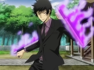 Kyōya Hibari (Reborn!!) wielding his Cloud Tonfa that can have interchangeable ends for various purposes aside from simple offense and defense.