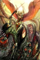 Jackie Estacado and Danielle Baptiste (Top Cow), hosts of The Darkness and The Angelus the sentient forces of light and darkness that grant them their power.