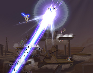 Lucario (Pokemon/Super Smash Bros.) using Aura Storm to fire a massive energy beam.