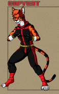 Copycat (Extinctioners) is an anthropomorphic domestic feline/tiger hybrid with the ability to self-replicate and mimic the powers of others via clones.