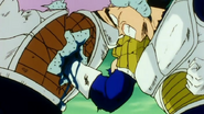 Vegeta (Dragon Ball Z) using his newly acquired strength to punch his fist through Zarbon's stomach...