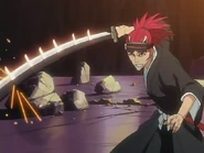 Renji Abarai's (Bleach) Zabimaru, being a whip-blade, can elongate to great levels.