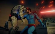 The Player (Saints Row 4) impaling an alien due to their super speed charge.