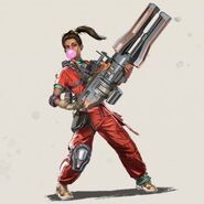 Known as the Quick Witted Modder, Rampart (Apex Legends) once sold her deadly machinations for profit. Now she competes with her faithful minigun, Sheila in the Apex Games.