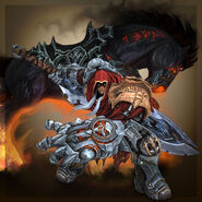 War (Darksiders) displays great proficiency in weaponry such the Tremor Gauntlet, and Death's scythe, as well as wielding his sword, Chaos-Eater.