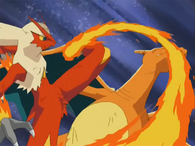 Blaziken (Pokemon) using Blaze Kick to infuse its leg with fire.
