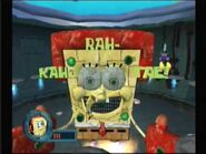 Robot SpongeBob (SpongeBob SquarePants: Battle for Bikini Bottom) using its "Kah- Rah- Tae." Attack.